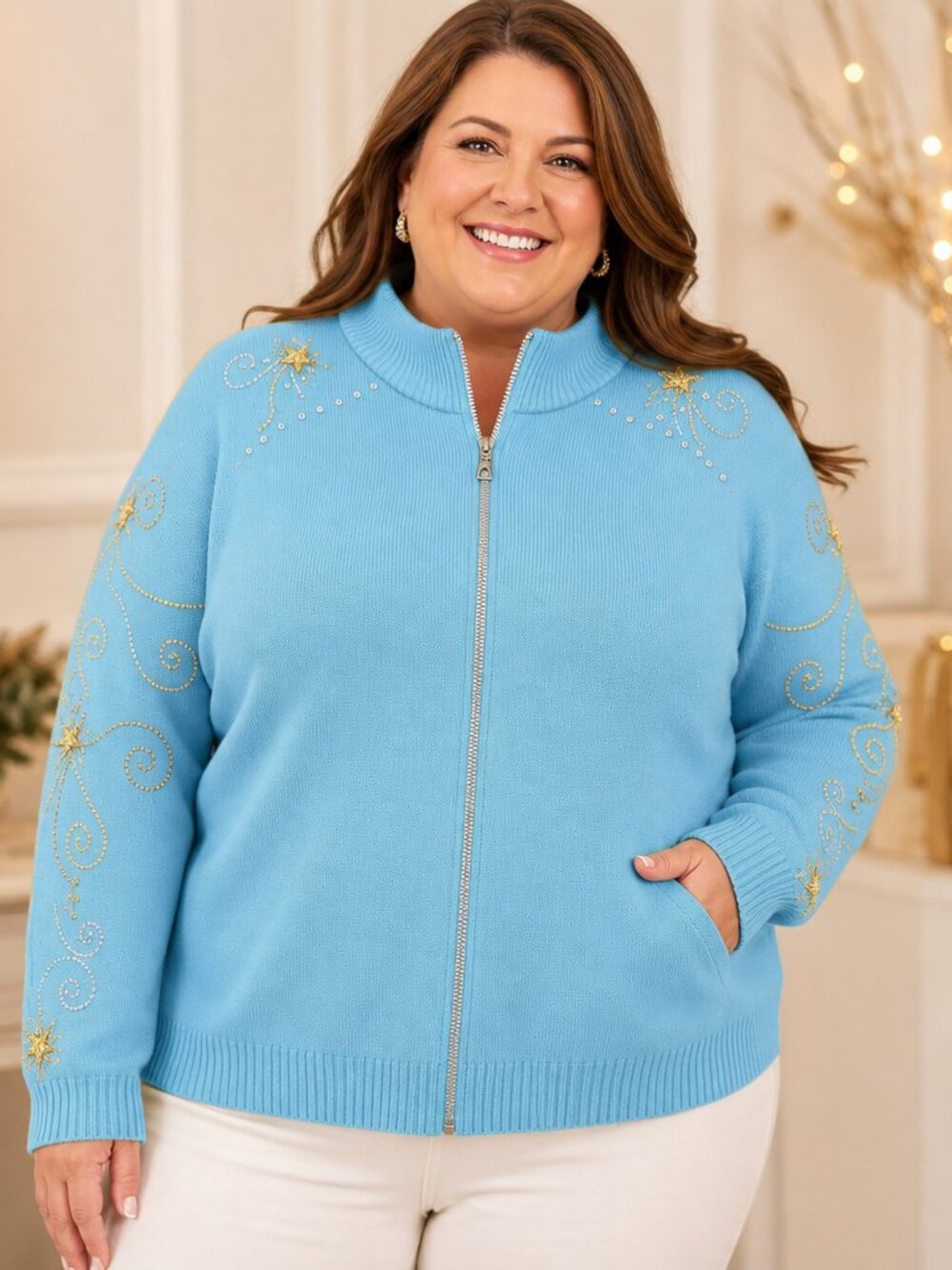 Quacker Factory Sky Blue Cardigan with Yellow Star Embellishments